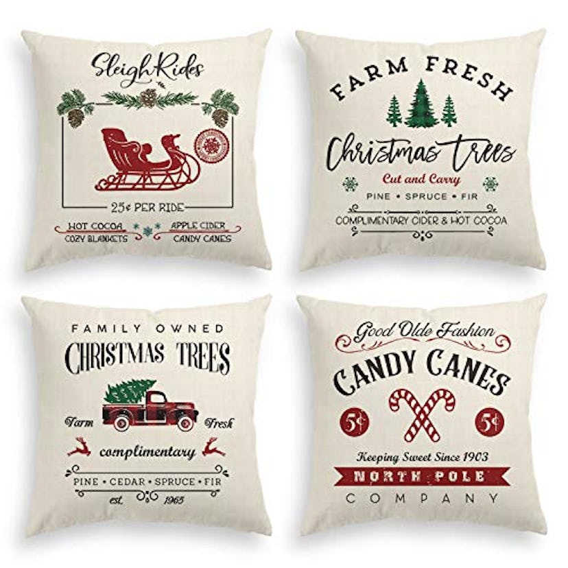 Rustic Farmhouse Christmas-Themed Throw Pillows - Set of 4