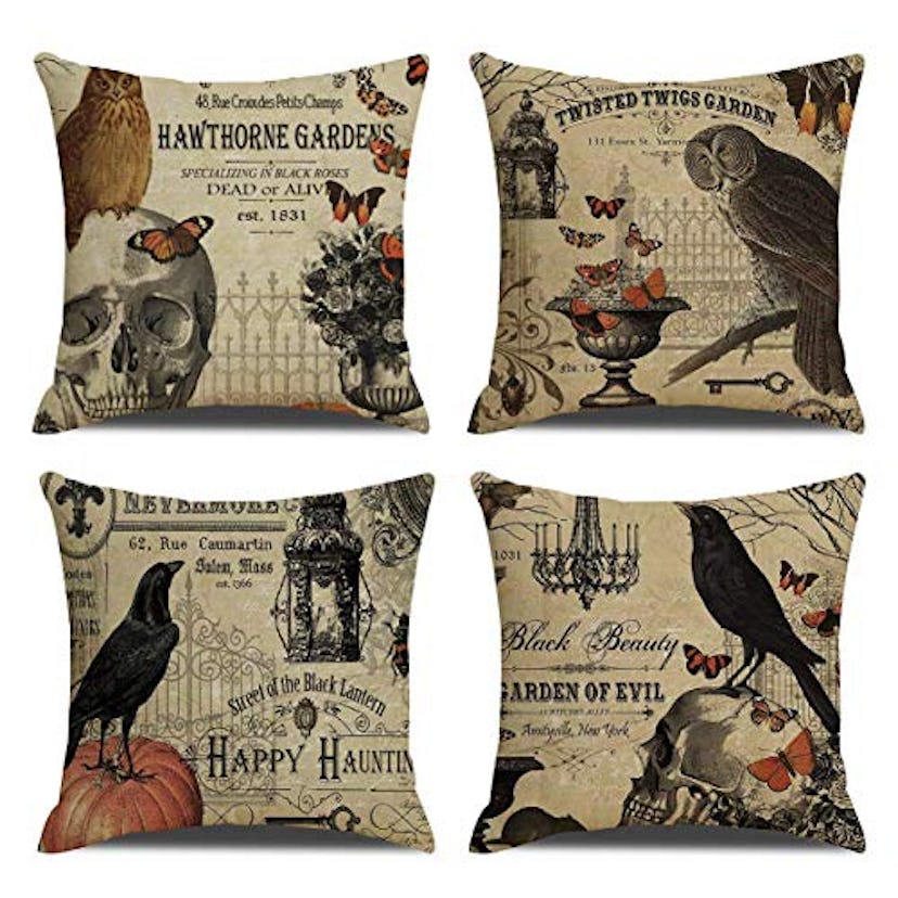RUOAR Pack of 4 Vintage Halloween Pillow Case for Owl/Crow/Pumpkin/Skull Throw Pillow Covers