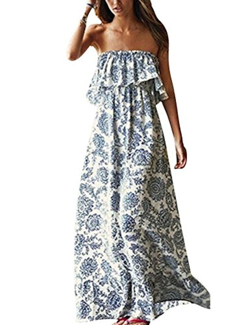 Yidarton Women Summer Blue and White Porcelain Strapless Boho Maxi Long Dress