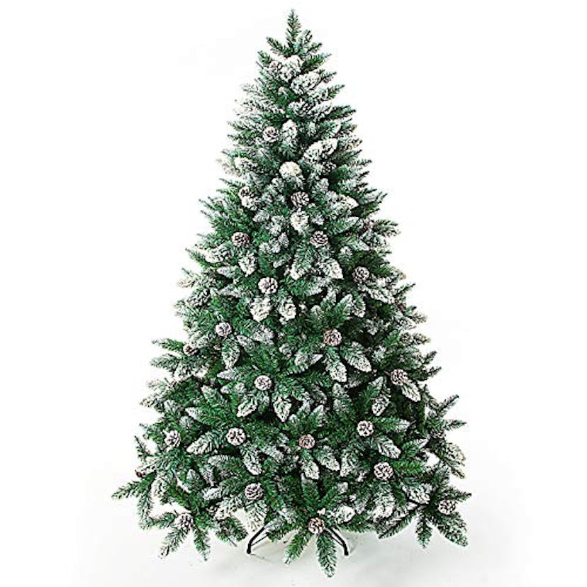 Senjie 5ft Snow Flocked Artificial Christmas Tree with Pine Cone Decorations