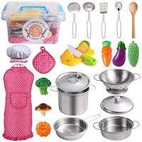 Juboury Kitchen Pretend Play Toys with Stainless Steel Cookware Pots and Pans Set