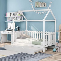 Merax Twin Size Wooden House Bed with Trundle Bed
