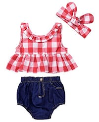 Iwoka Baby Girl Plaid Ruffle Bowknot Tank Top and Denim Shorts Outfit with Headband