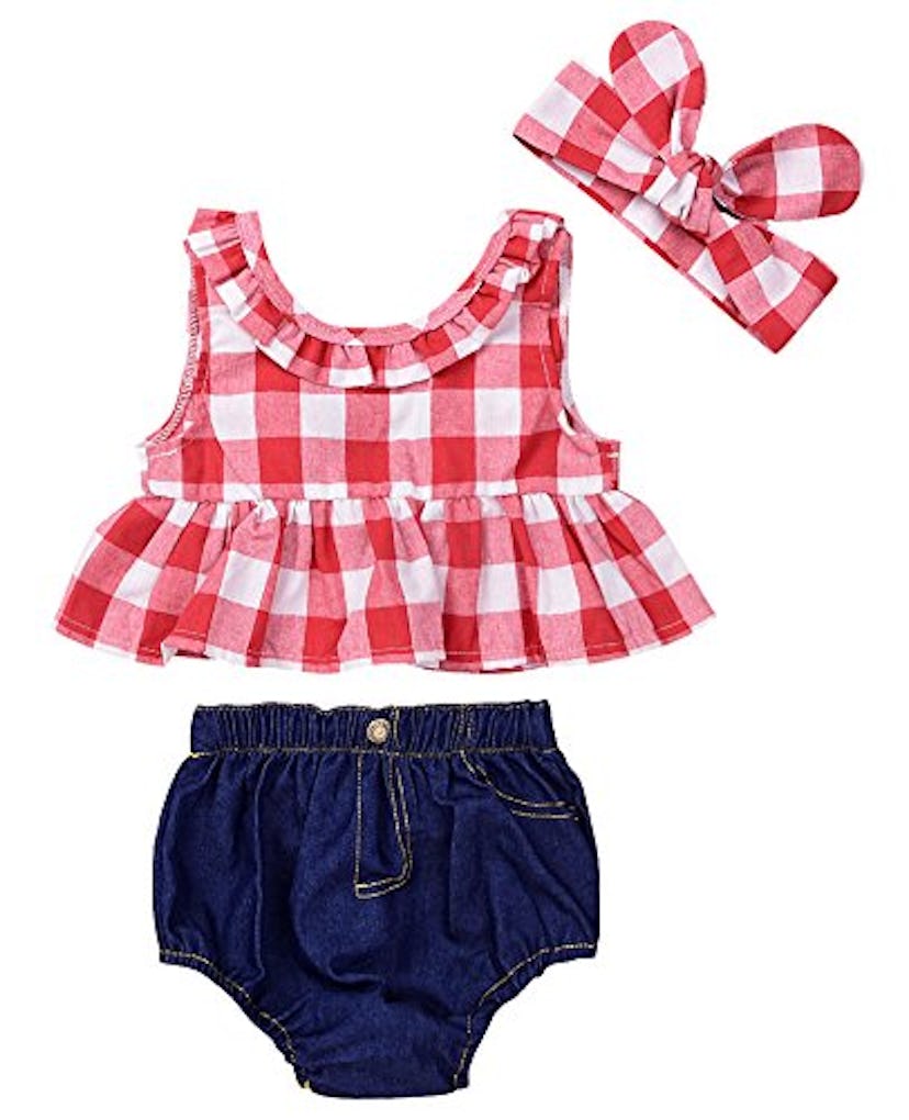 Iwoka Baby Girl Plaid Ruffle Bowknot Tank Top and Denim Shorts Outfit with Headband