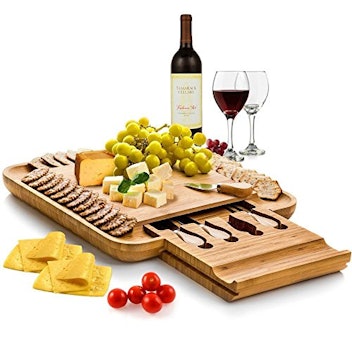 Bamboo Cheese Board Set With Cutlery In Slide-Out Drawer