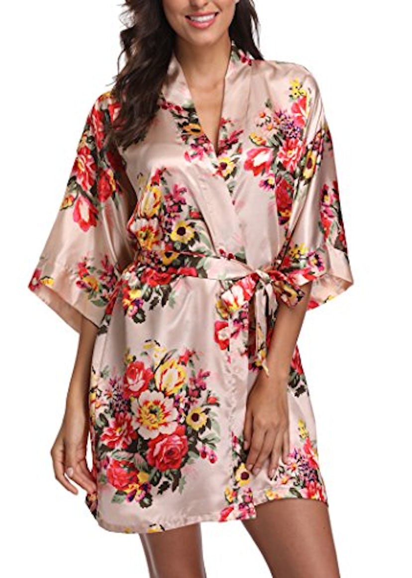 Laurel Snow Floral Satin Kimono Robe