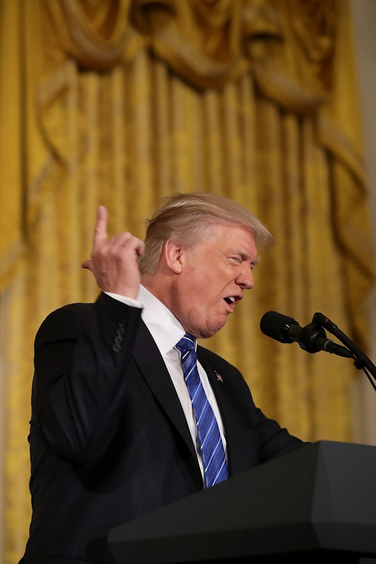 Donald Trump giving a speech with one arm raised