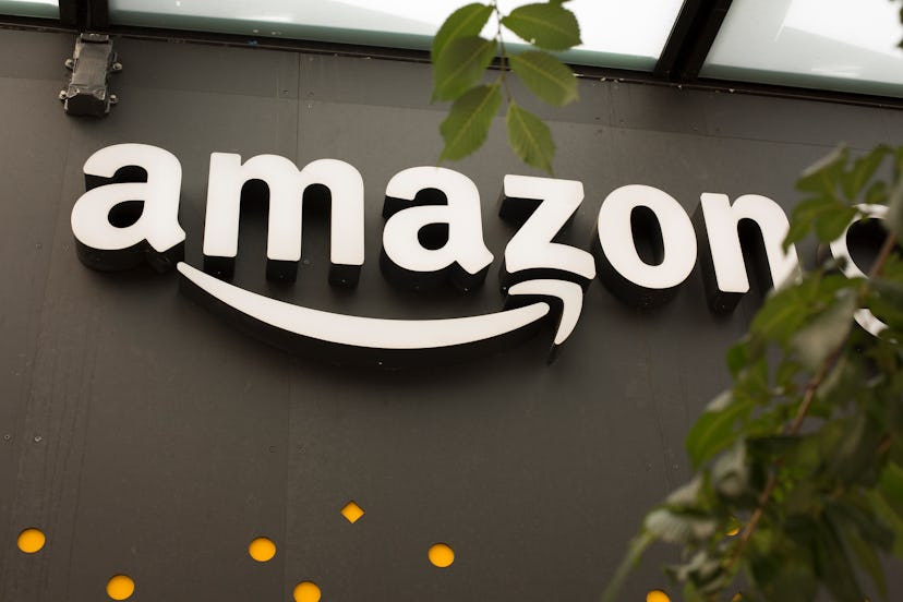 Big Amazon logo placed on a black building.