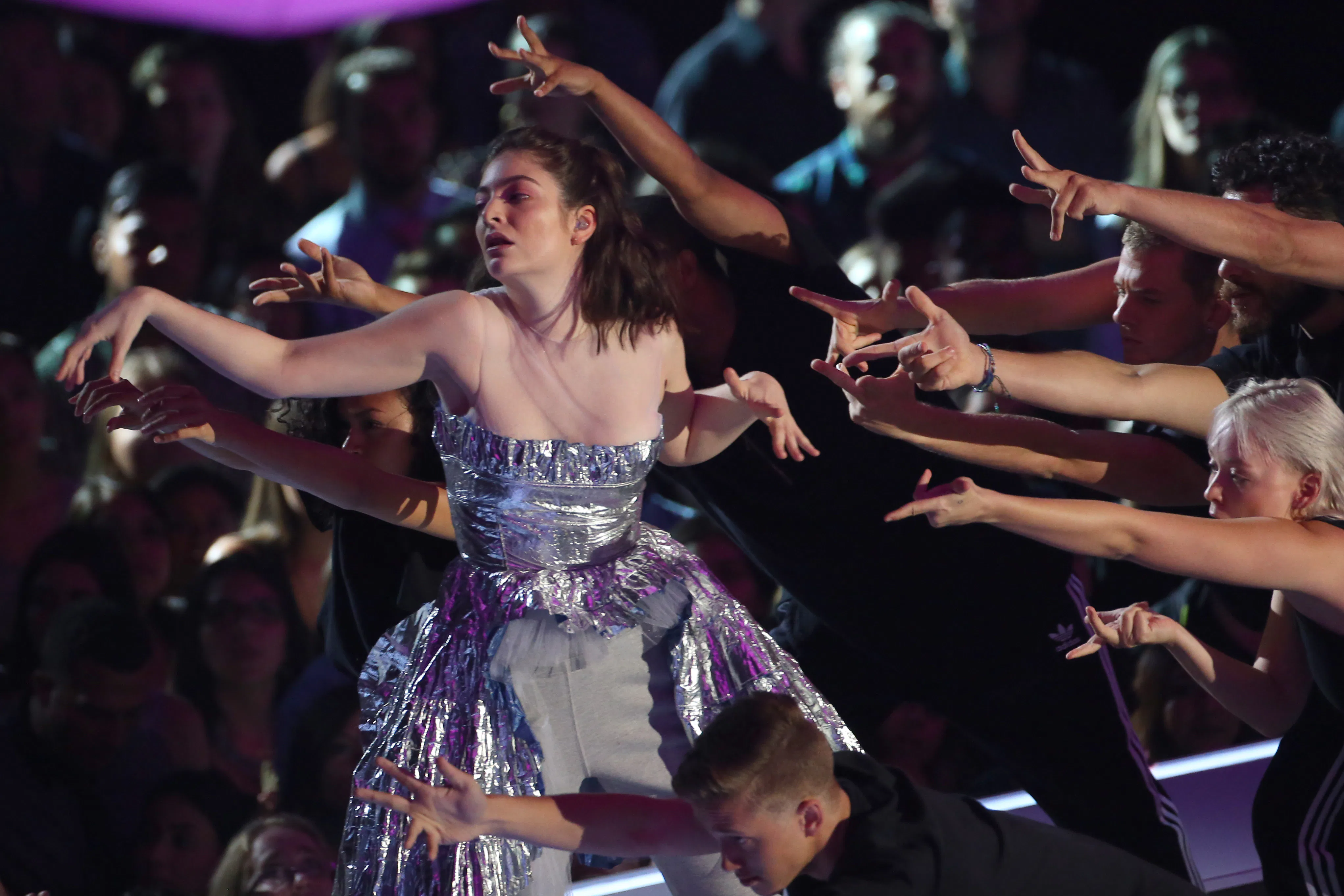 lorde silver dress Lorde Wears Sheer Crystallized Chainmail Dress at PFW