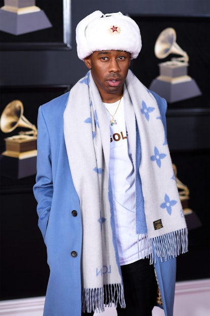 Tyler The Creator Was Hiding Leopard Print Hair Under His Big Fuzzy Hat At  The Grammys