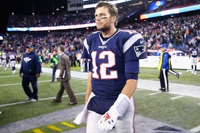 Tom Brady during his 2015 "Road to Super Bowl" campaign in his New England Patriots jersey 