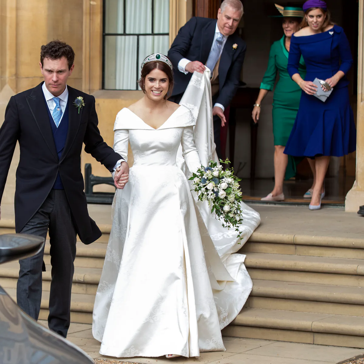 princess eugenie wedding reception dress The evening reception dress worn by Princess Eugenie during her wedding to Mr Jack Brooksbank on display at Windsor Castle Stock Photo