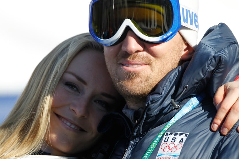 Lindsey Vonn hugging her ex-husband, who is wearing the skiing glasses