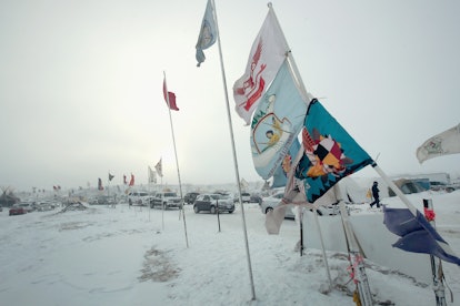 Flags of Native communities in North Dakota as a sign of protest against the Dakota Access Pipeline
