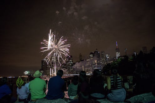 A group of young people gathered on the shore of Hudson River, watching the Fourth Of July fireworks...