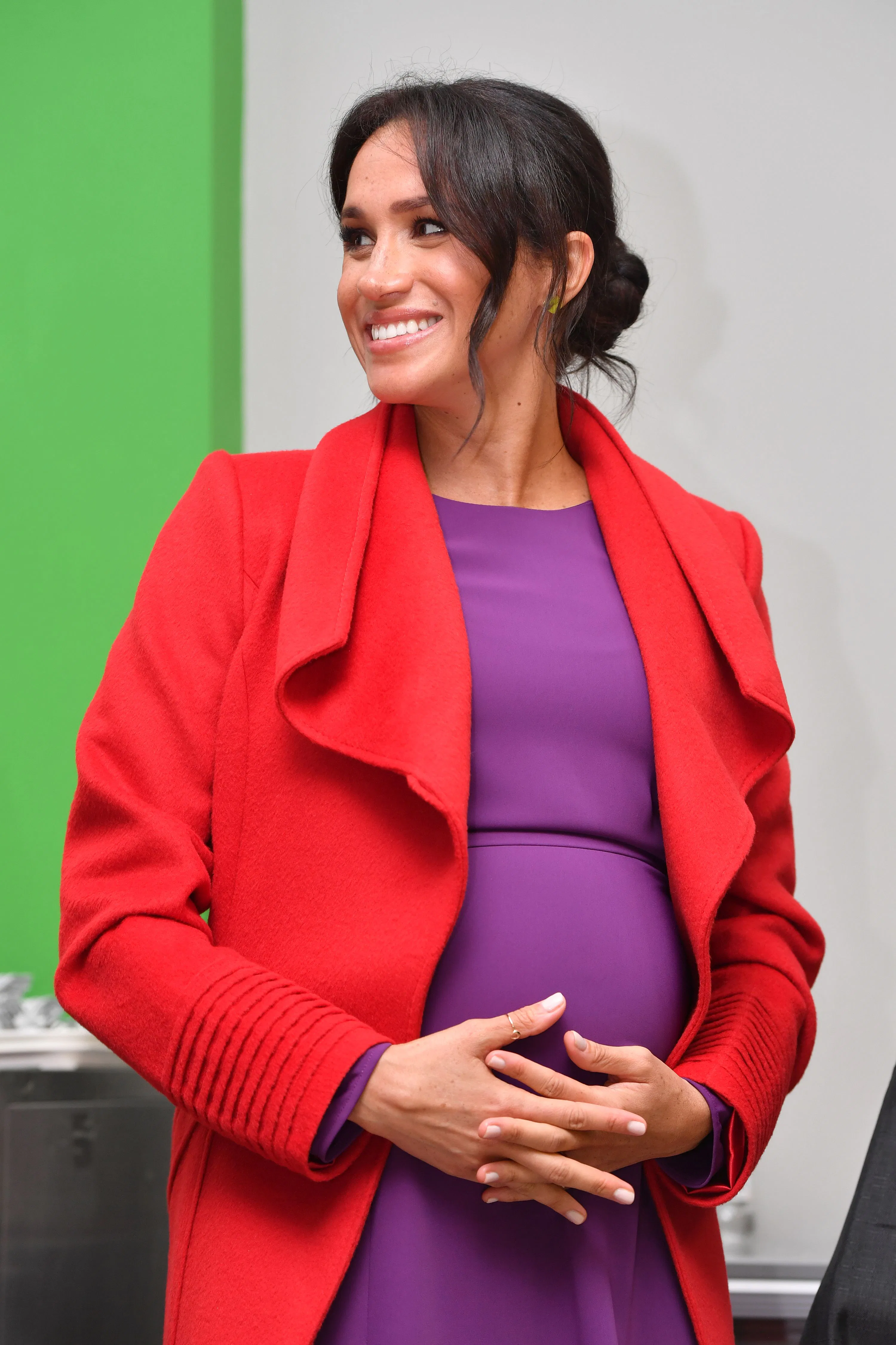 meghan red coat purple dress Meghan Markle's Purple Dress In Birkenhead Is Actually Pretty Affordable