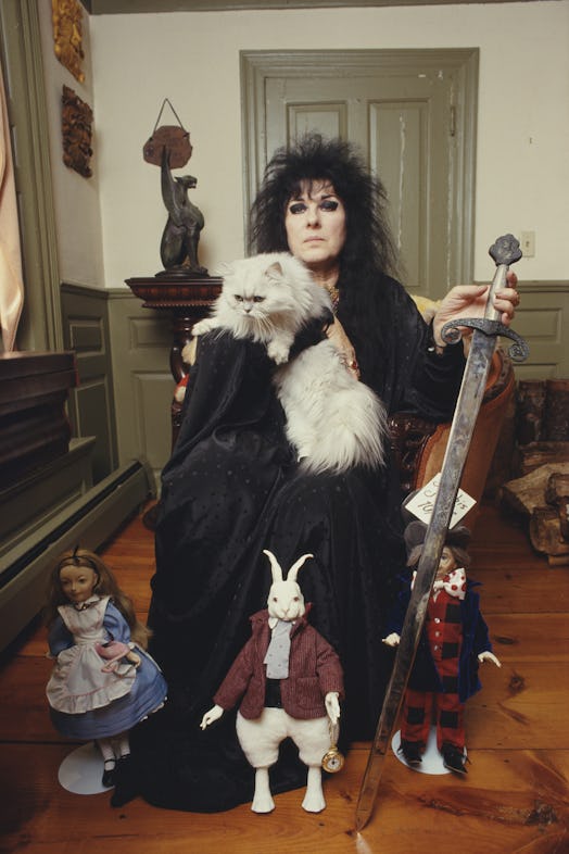 A witch in a black robe holding a white cat and a sword in another hand, with 'Alice in Wonderland' ...