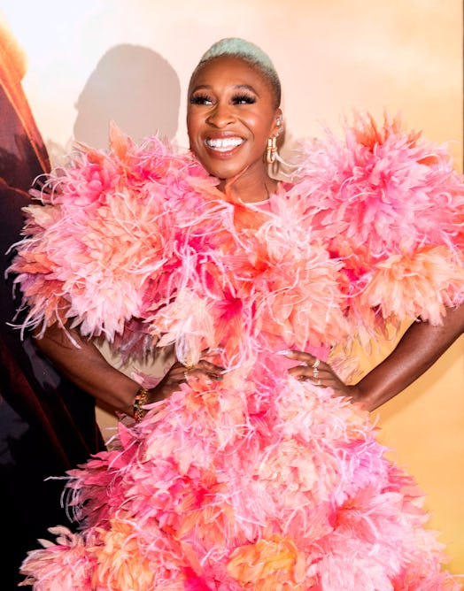 Cynthia Erivo smiling in a feather-embellished Marc Jacobs frock at the 'Harriet' premiere