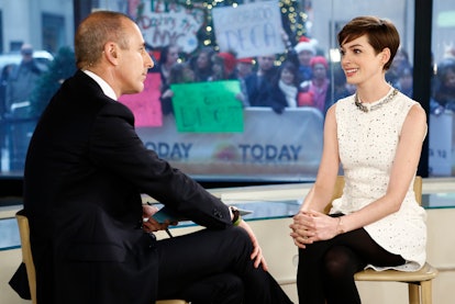 Today morning show Matt Lauer asks Anne Hathaway about up skirt photo.