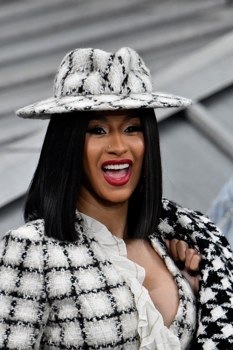 Cardi B steps out in a patterned black and white ensemble.