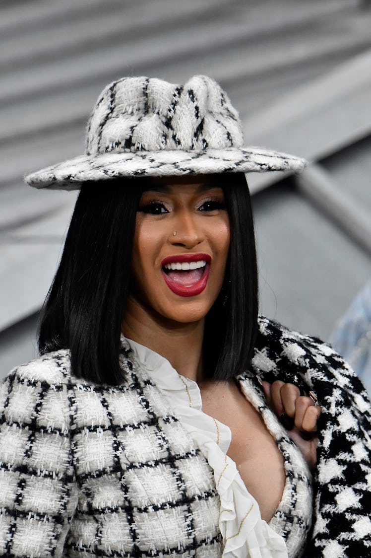 Cardi B steps out in a patterned black and white ensemble. 