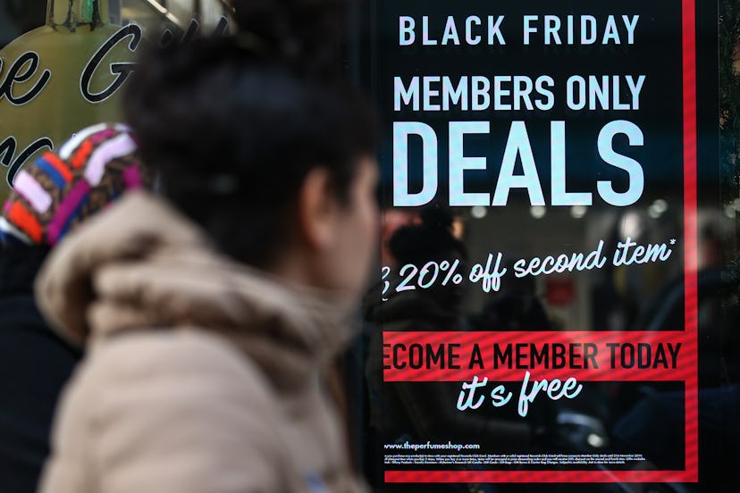 A sign shows Black Friday deals. Black Friday can have positive and negative affects on mental healt...