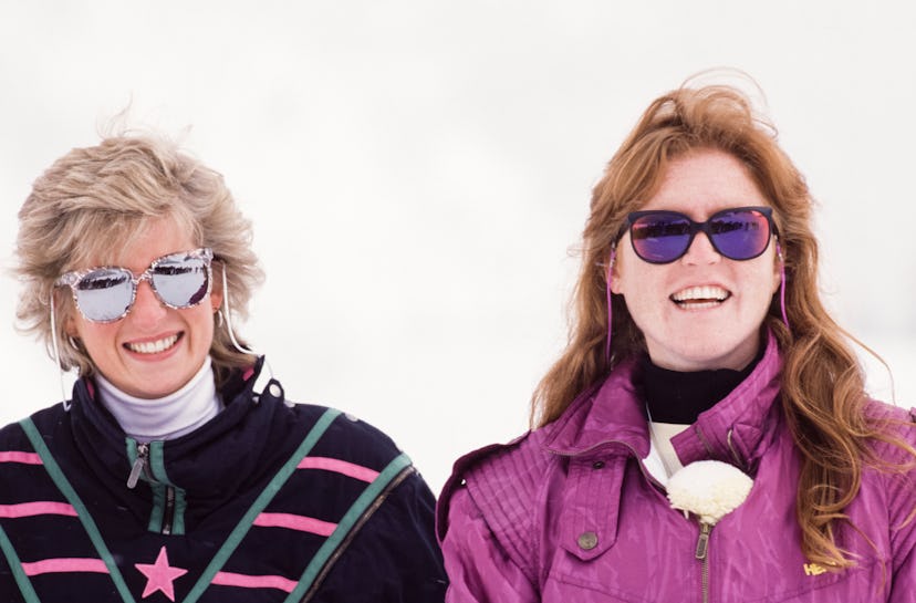 Princess Di smiling with Sarah "Fergie" Ferguson on a ski trip