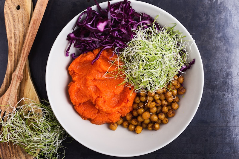 A colorful bowl of various vegan Thanksgiving foods. Your first vegan Thanksgiving can be tough, but...