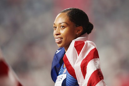 Allyson Felix wears an American flag around her shoulders. Negotiating your pay as an athlete is tou...