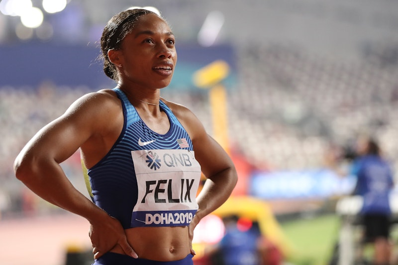 Track athlete Allyson Felix at the 2019 World Championships in Doha, Qatar. Felix negotiated a spons...