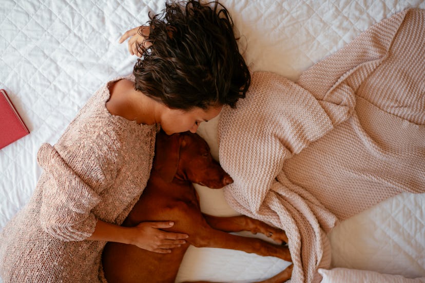 A woman shares her bed with a dog. There are many different types of insomnia, and experts say it's ...