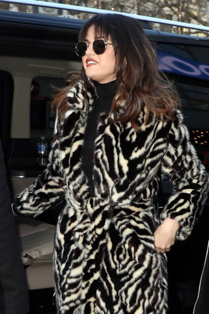 Selena Gomez's new bangs and zebra fur coat