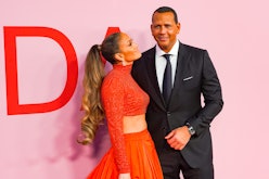 Jennifer Lopez and Alex Rodriguez posing together at a red carpet event