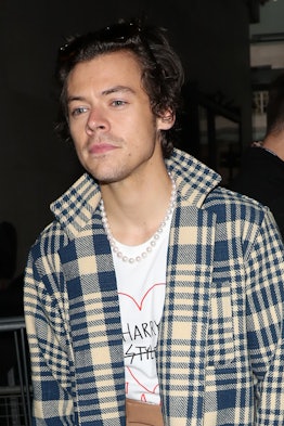 Harry Styles steps out in a blue, plaid shirt.