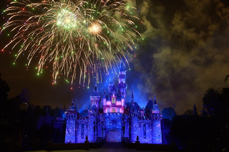 Fireworks explode over Disneyland's Sleeping Beauty Castle on New Year's Eve.