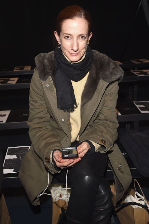 NYT Fashion Director Vanessa Friedman in s khaki parka, black scarf and vanilla sweater