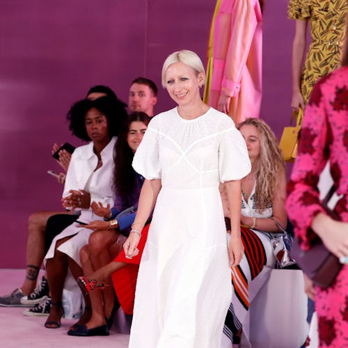 Nicola Glass, Kate Spade's Creative Director, in a white dress with short blonde hair