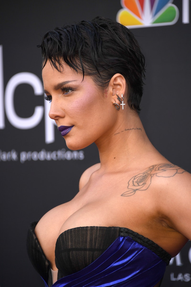 Halsey wearing a matching lipstick to her Indigo Blue Gown at the BBMAs