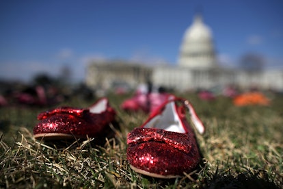 Red pair of shoes on the lawn of the U.S. Capitol
