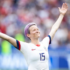 Megan Rapinoe's outstretched arms and tilted-back head celebratory power pose for which she is being...