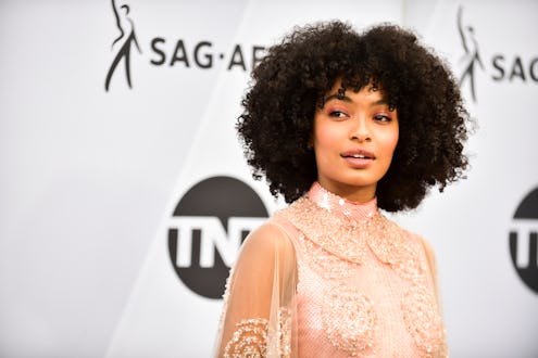 Yara Shahidi in a pink glittery dress at the sag red carpet event