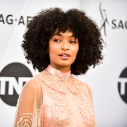 Yara Shahidi in a pink glittery dress at the sag red carpet event