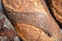 A closeup of three loaves of sourdough bread