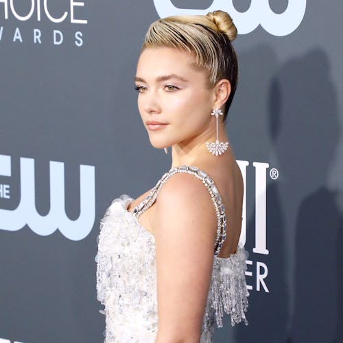 Florence Pugh wore shimmery peach eyeshadow on 'Jimmy Kimmel Live!' Thurs.