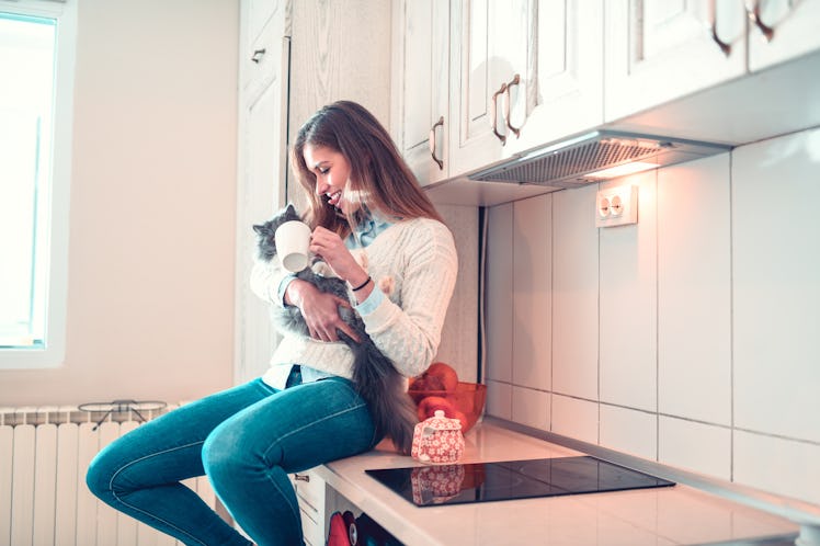 A brunette woman in jeans and a white sweater sits on a counter top with her cat.