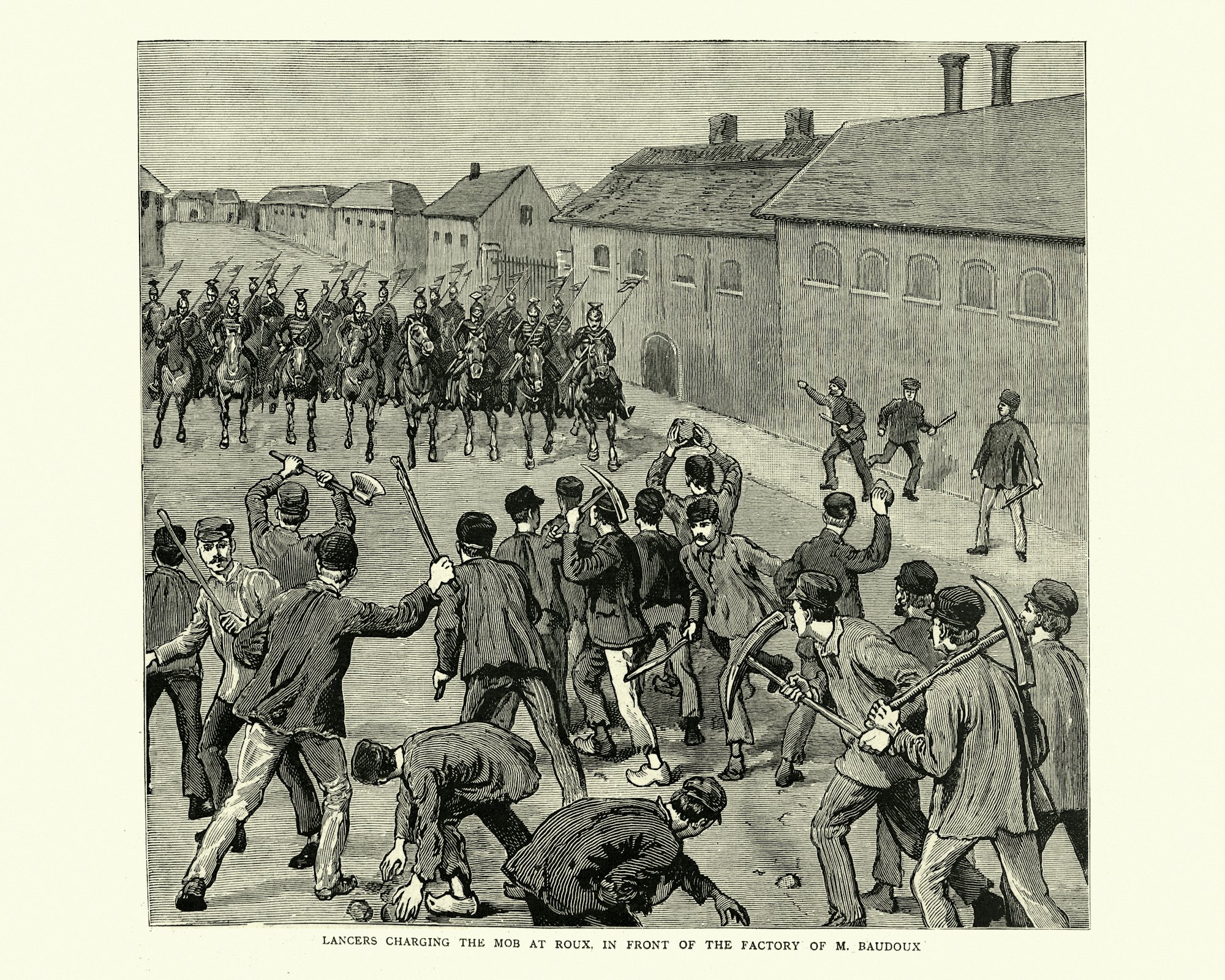 Soldiers charging striking miners in Belgium, in 1886.