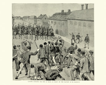 Soldiers charging striking miners in Belgium, in 1886.