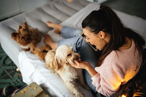 A woman hangs out with her fluffy dog in bed. Some self-care trends in 2020 may be here to stay.