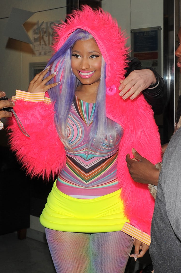 Nicki Minaj steps out in a colorful outfit.