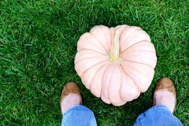 A woman stands next to a pink pumpkin in the grass. 